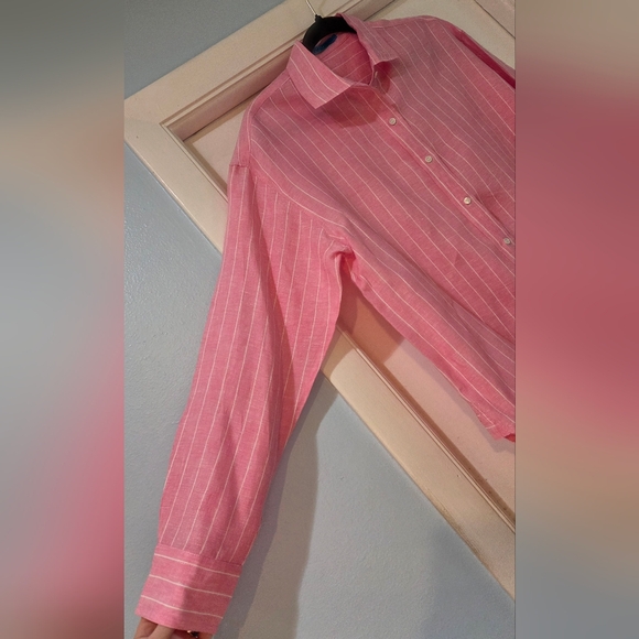 Women's J. McLaughlin Britt Linen Pink With White Pin Stripes Blouse, Size L - Picture 6 of 13